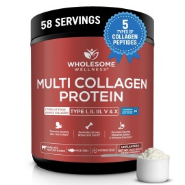 Wholesome Wellness Multi Collagen Protein Powder Hydrolyzed (Type I II III V X) Grass-Fed All-in-One Super Bone Broth + Peptides - Premium Blend of Beef, Chicken, Wild Fish, Eggshell, 58 Servings
