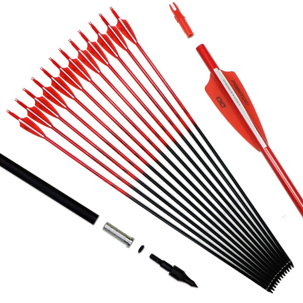 Pointdo 30inch Carbon Arrow Fluorescence Color Targeting and Hunting Practice Arrows for Recurve and Compound Bow with Removable Tips (Fluorescein Red)