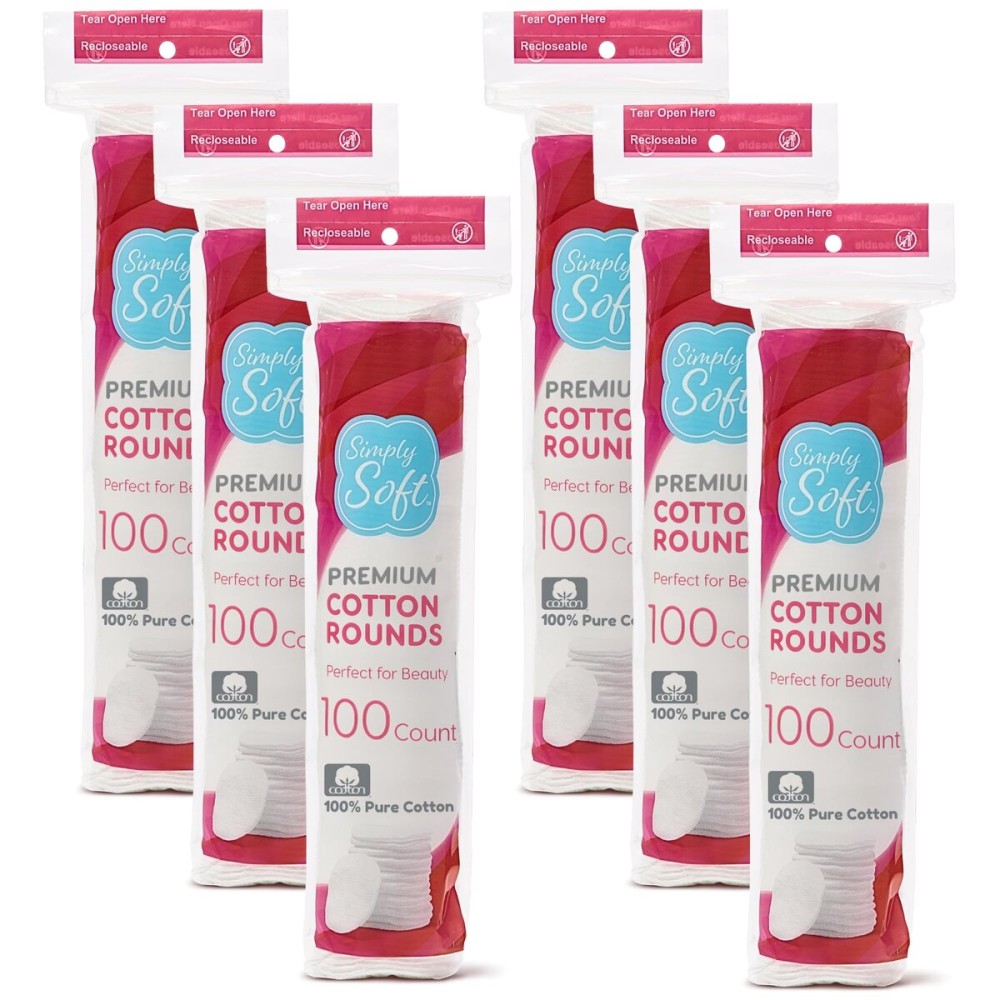 Simply Soft Premium Cotton Rounds, 100% Pure Cotton, Absorbent Cotton Pads, 100 Count (Pack of 6)