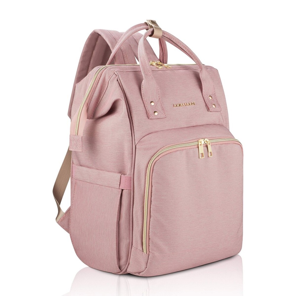 AMILLIARDI Diaper Bag Backpack - Light Pink, Water- Resistant Polyester Baby Bag - Detachable Stroller Straps - Stylish & Spacious for Baby Girl - Travel Diaper Bag, Bulto & Paaleras para Bebe Nia