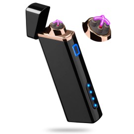Electric Arc Lighter USB Rechargeable Windproof Flameless Plasma with Battery Indicator for Fire, Cigarette, Candle - Outdoors Indoors | Bright-Black (Upgraded).