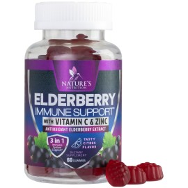 Immune Support Gummies - Sambucus Elderberry Gummy with Elder Berry Extract, Zinc & Vitamin C, Natural Vegan Immune Support Supplement for Adults & Children, Gummy Elderberry Vitamins - 60 Gummies