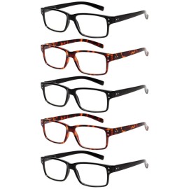 Reading Glasses 5 Pairs Quality Readers Spring Hinge Glasses for Reading for Men and Women (3 Black 2 Tortoise, 0.75)