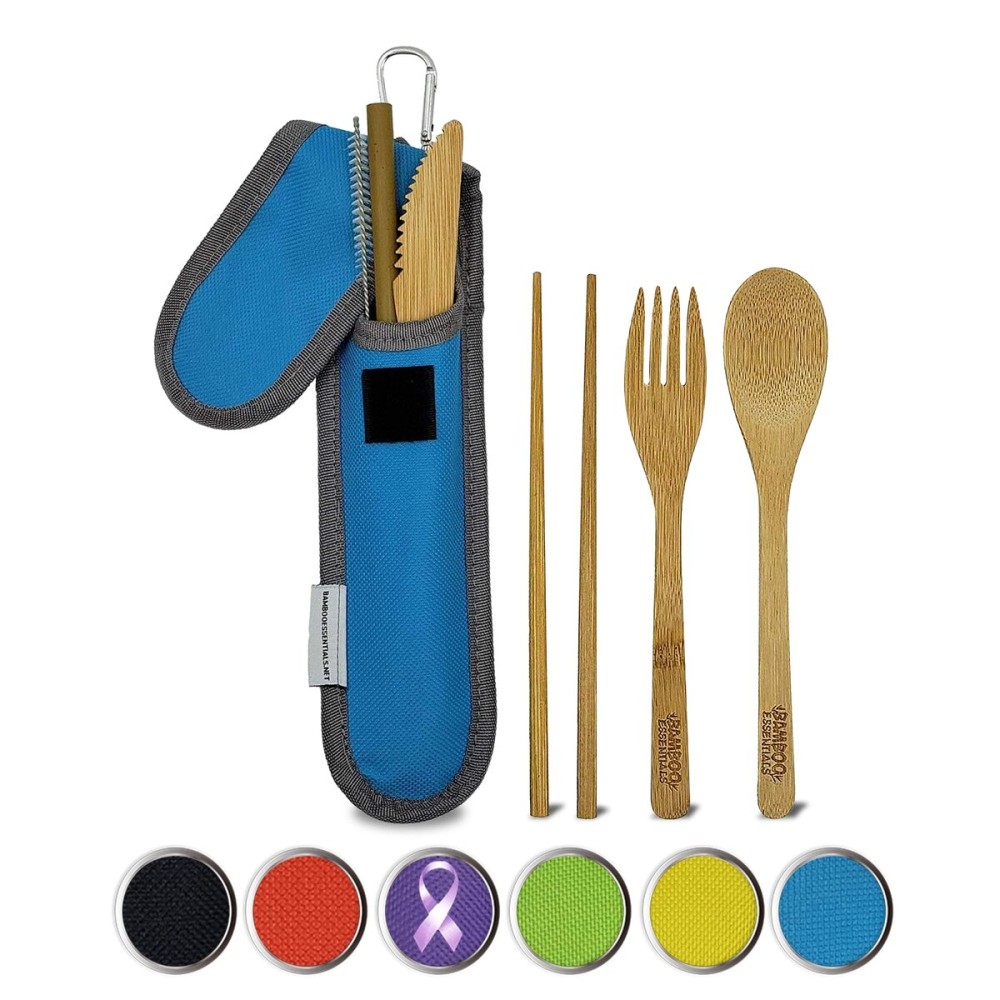 Travel Utensils with Case Set Fork, Knife, Spoon, Chopsticks, Straw, Straw-cleaning brush, Travel Pouch and Carabiner, Excellent For Everyday Use! ((1Set) Sky Blue)