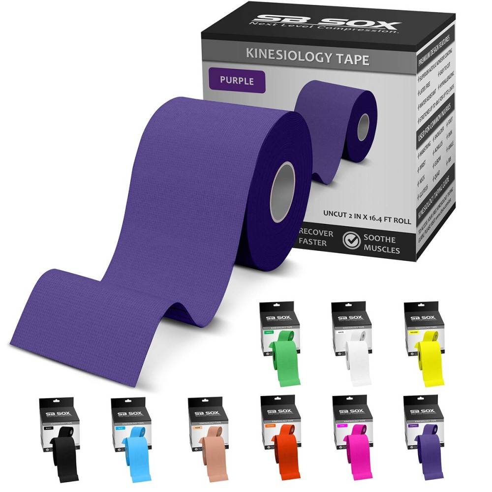 SB SOX Original Cotton Kinesiology Tape Roll - Best Latex Free Athletic Tape for Muscles/Joints - Waterproof, Stretchy, and Gentle on Skin (16ft) (Purple)