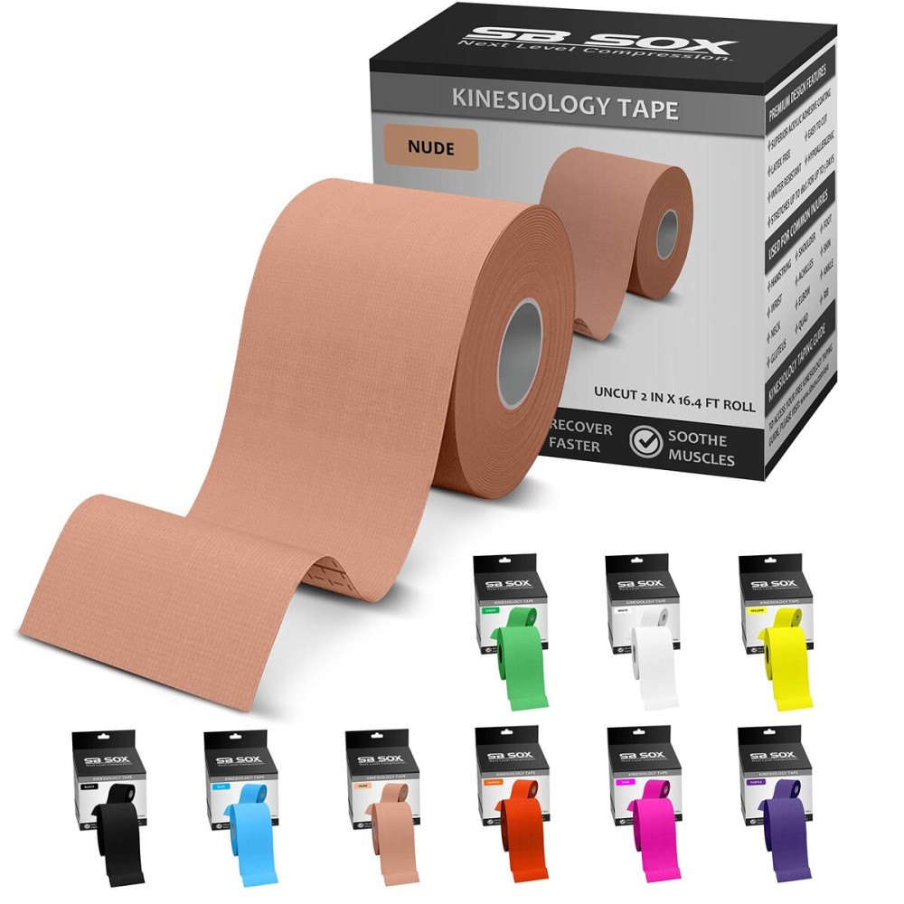 SB SOX Original Cotton Kinesiology Tape Roll - Best Latex Free Athletic Tape for Muscles/Joints - Waterproof, Stretchy, and Gentle on Skin (16ft) (Nude)