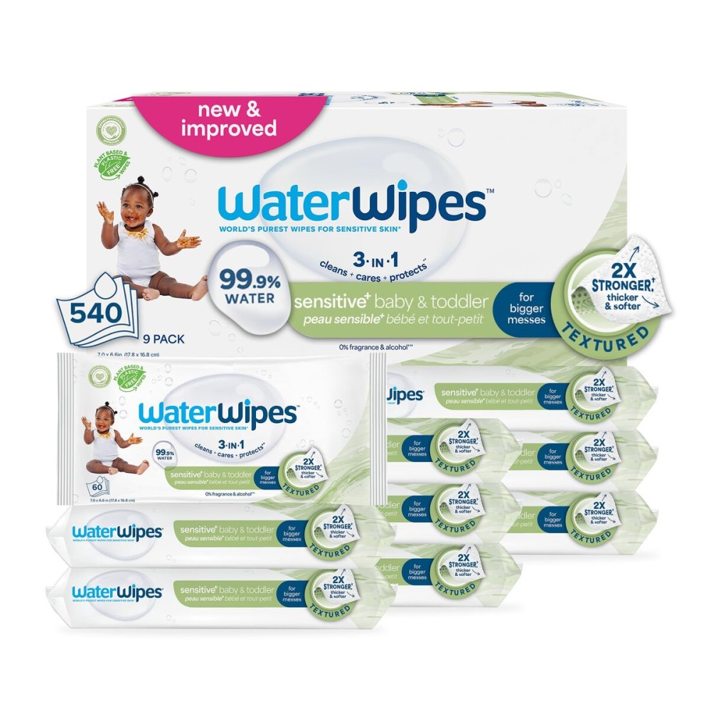 WaterWipes Sensitive+ Baby & Toddler Wipes, 3-In-1 Cleans, Cares, Protects, 99.9% Water, Textured Clean, Unscented & Hypoallergenic, 540 Count (Pack of 9)