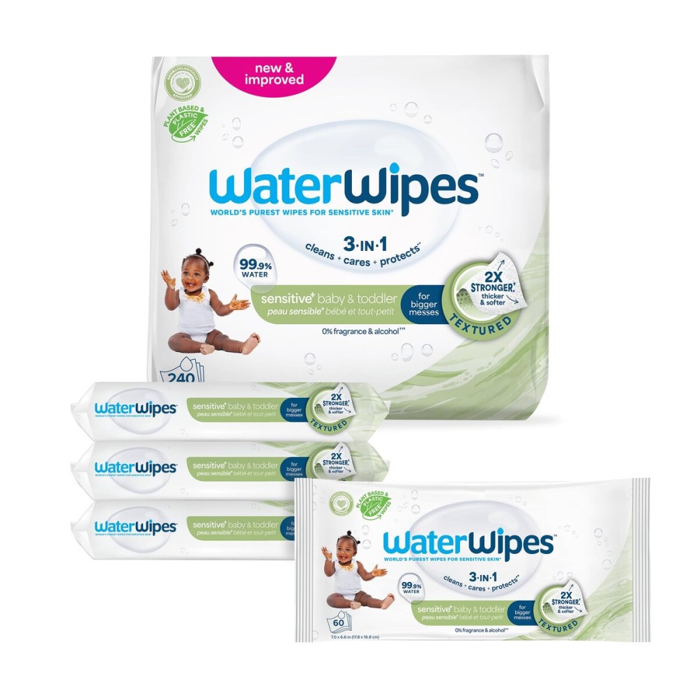 WaterWipes Sensitive+ Baby & Toddler Wipes, 3-In-1 Cleans, Cares, Protects, 99.9% Water, Textured Clean, Unscented & Hypoallergenic, 240 Count (4 Packs)
