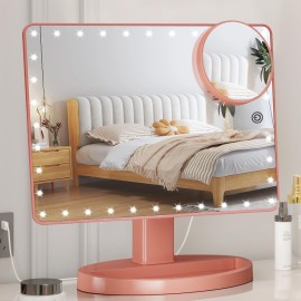 FUNTOUCH Large Lighted Makeup Mirror with Lights, Light Up Mirror with Small 10x Magnification for Desk, 360Rotation Touch Screen,Brightness Adjustable Tabletop Cosmetic Vanity Make Up Mirror