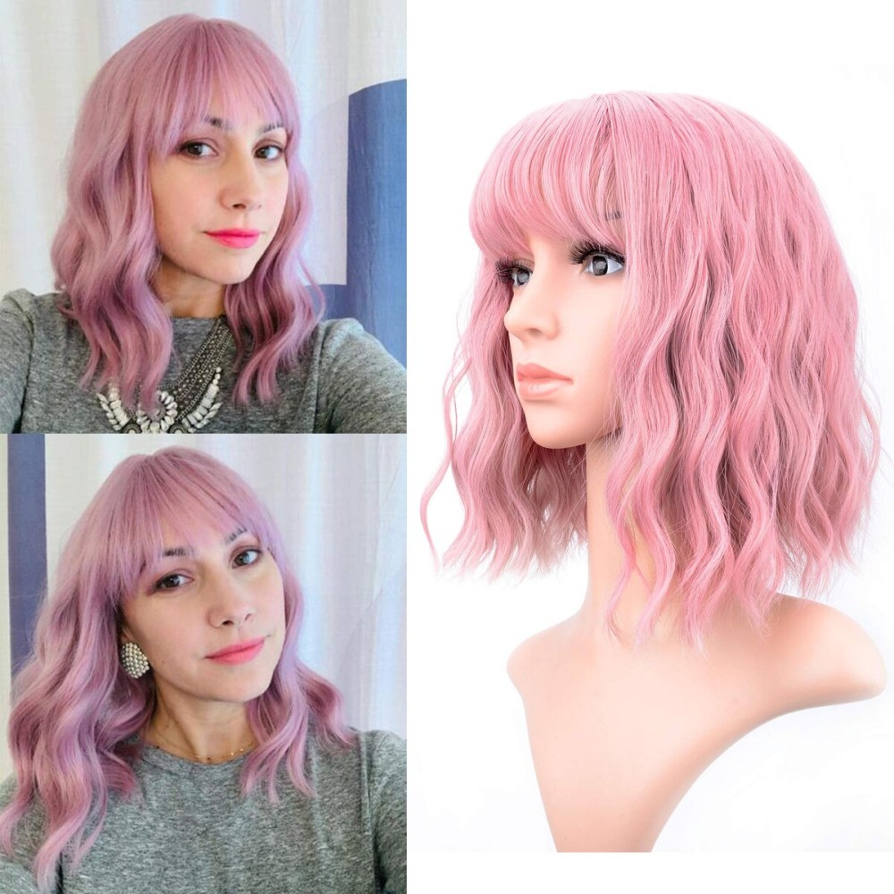 VCKOVCKO Pastel Wavy Wig With Air Bangs Women\'s Short Bob Purple Pink Wigs Curly Wavy Shoulder Length Pastel Synthetic Bob Wig for White Women Girls Daily Use Colorful Wigs(12, Purple Pink)
