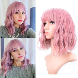 VCKOVCKO Pastel Wavy Wig With Air Bangs Women\'s Short Bob Purple Pink Wigs Curly Wavy Shoulder Length Pastel Synthetic Bob Wig for White Women Girls Daily Use Colorful Wigs(12, Purple Pink)