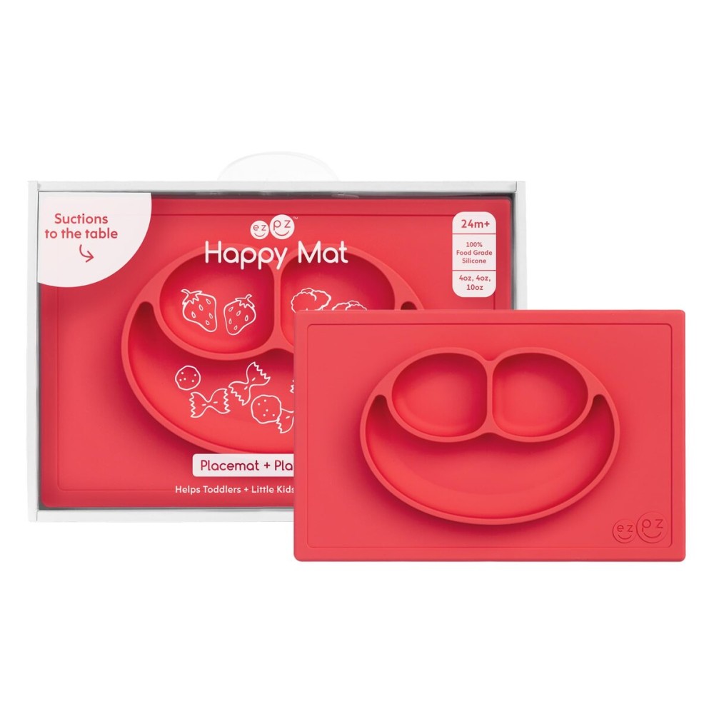 ezpz Happy Mat (Coral) - 24 Months+ - 100% Silicone Suction Placemat + Divided Plate with Three Compartments - Toddler + Preschool Essentials