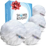 SHOWER BOUQUET Loofah Soft-White-Cloud XL Bath-Sponge 4-Pack // Extra Large 75g Mesh Loofa Lufa Pouf Set for Men and Women - Exfoliate with Big Gentle Cleanse Scrubber in Beauty Bathing Accessories