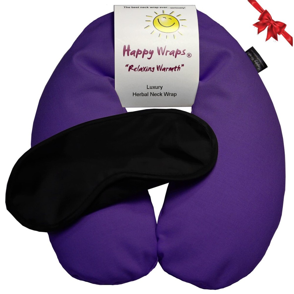 Happy Wraps Microwavable Herbal Neck Wrap - Hot Cold Aromatherapy Neck Warming Pillow - Heating Pad for Migraines, Stress, Gifts for Women, Birthdays, Christmas and Free Sleep Mask - Purple Cotton