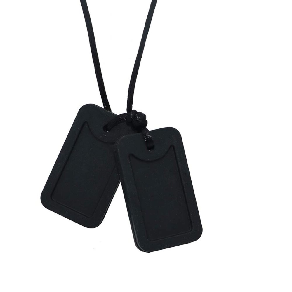 Sensory Chew Necklace for Kids and Adults, Silicone Dog Tag Pendant Chewy for Autism ADHD SPD PICA and Oral Motor Chewing Needs, Fidget Chewable Necklaces (Black)