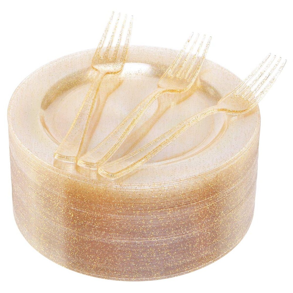 I00000 72 Pieces Plastic Dessert Plates 7.5 & 72 Pieces Gold Disposable Forks 7.4 with Gold Glitter, Gold Disposable Plates, Plastic Salad Plates for Thanksgiving