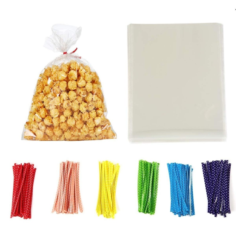 Brandon-super 100 Pcs Clear Flat Cello Cellophane Treat Bags Good for Bakery,Popcorn,Cookies,Candies,Dessert 1.2mil.Give Metallic Twist Ties! (9x12)