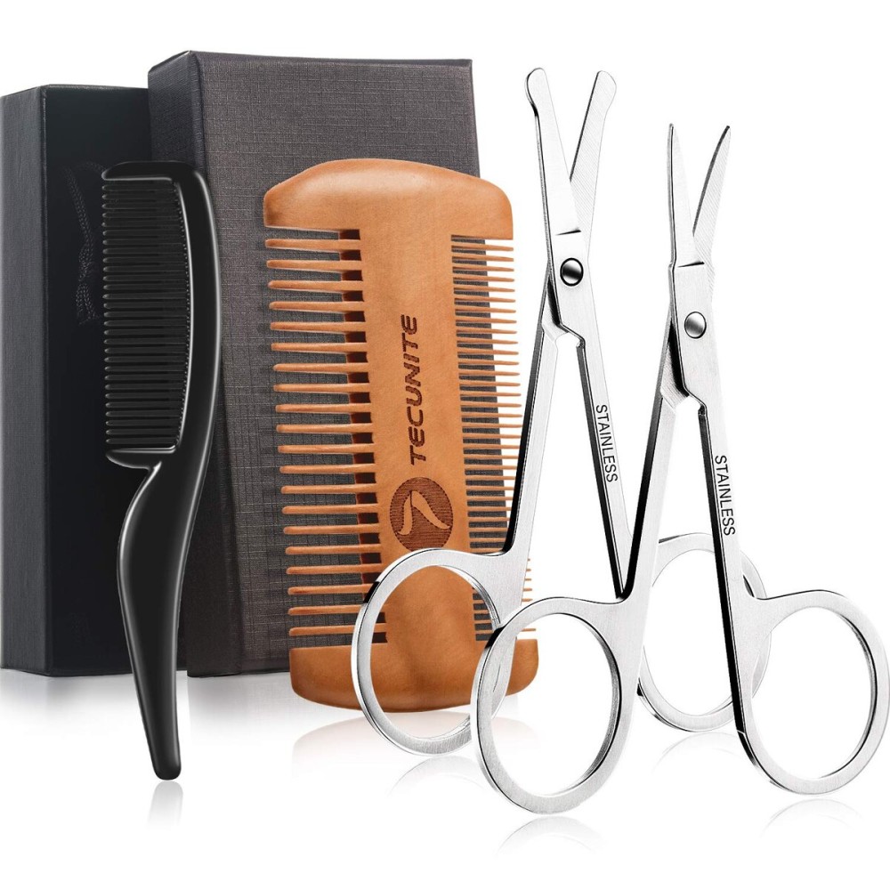 TecUnite 4 Pieces Mustache Scissors Grooming Kit for Men, Beard Trimmer Set, 2 Small Combs and 2 Scissors Beard Trimming Kit with Storage Bag Box