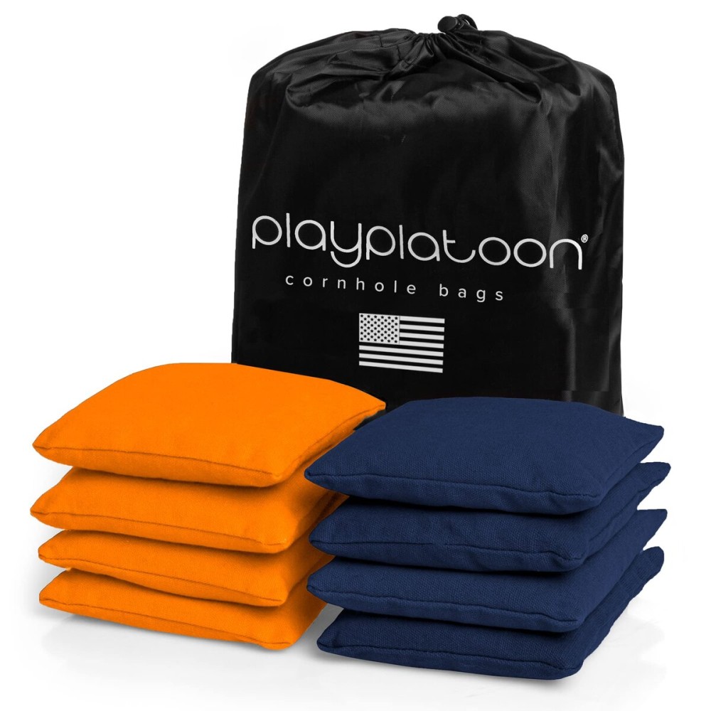 Play Platoon Weather Resistant Cornhole Bags - Set of 8 Regulation Size - Orange & Navy Blue - Durable Duck Cloth for Tossing Game, Includes Tote Bag