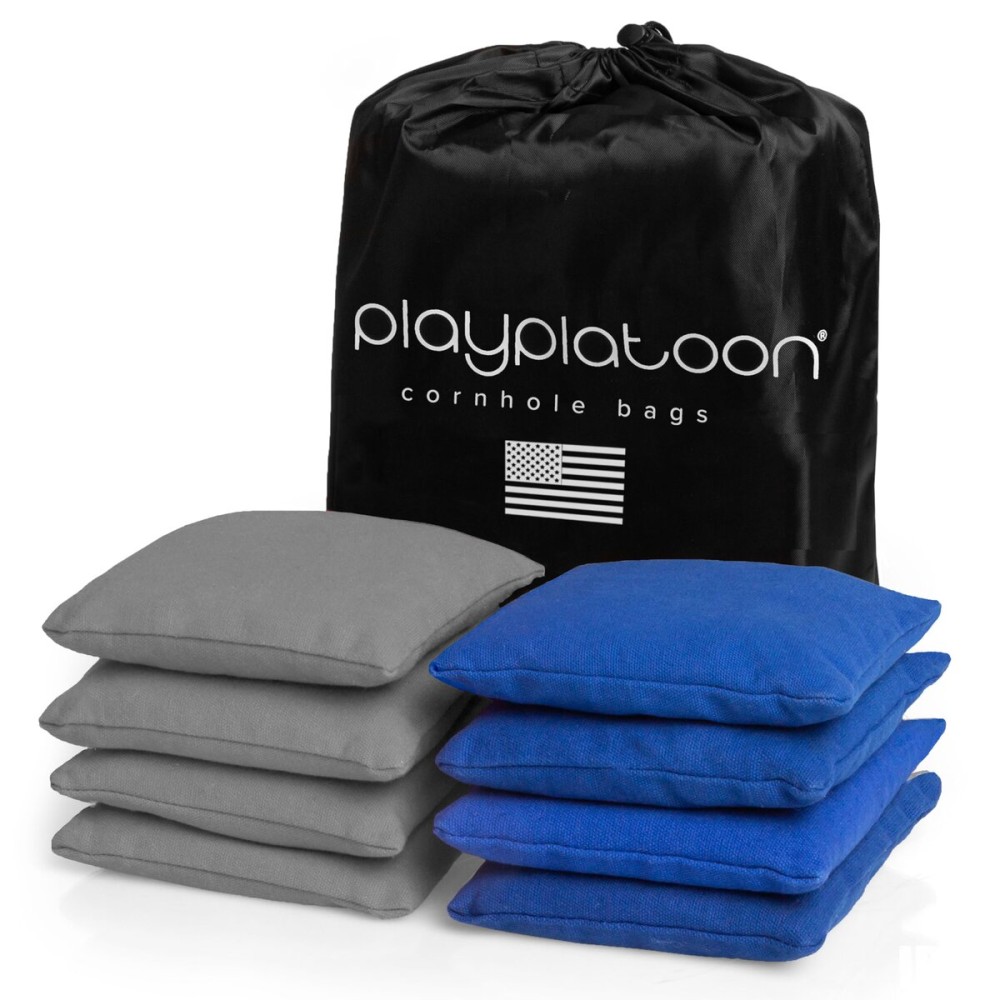 Play Platoon Weather Resistant Cornhole Bags - Set of 8 Regulation Corn Hole - Blue & Gray - Durable Duck Cloth Corn Hole for Tossing Game, Includes Tote Bag