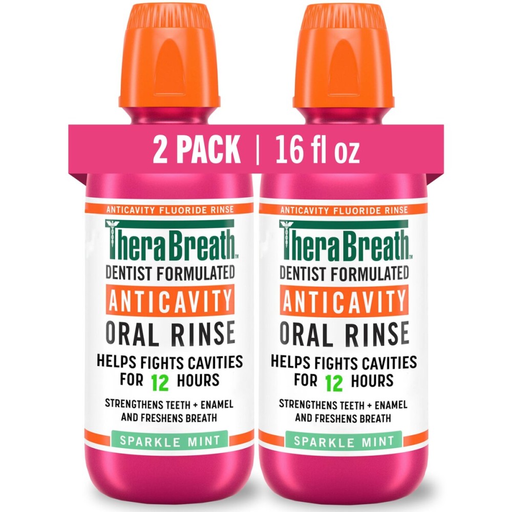 TheraBreath Anticavity Fluoride Oral Rinse Mouthwash, Fights Cavities, Strengthens Enamel and Freshens Breath, Dentist-Formulated, Alcohol-Free, Sparkle Mint Flavor, 16 fl oz, Pack of 2