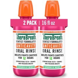 TheraBreath Anticavity Fluoride Oral Rinse Mouthwash, Fights Cavities, Strengthens Enamel and Freshens Breath, Dentist-Formulated, Alcohol-Free, Sparkle Mint Flavor, 16 fl oz, Pack of 2