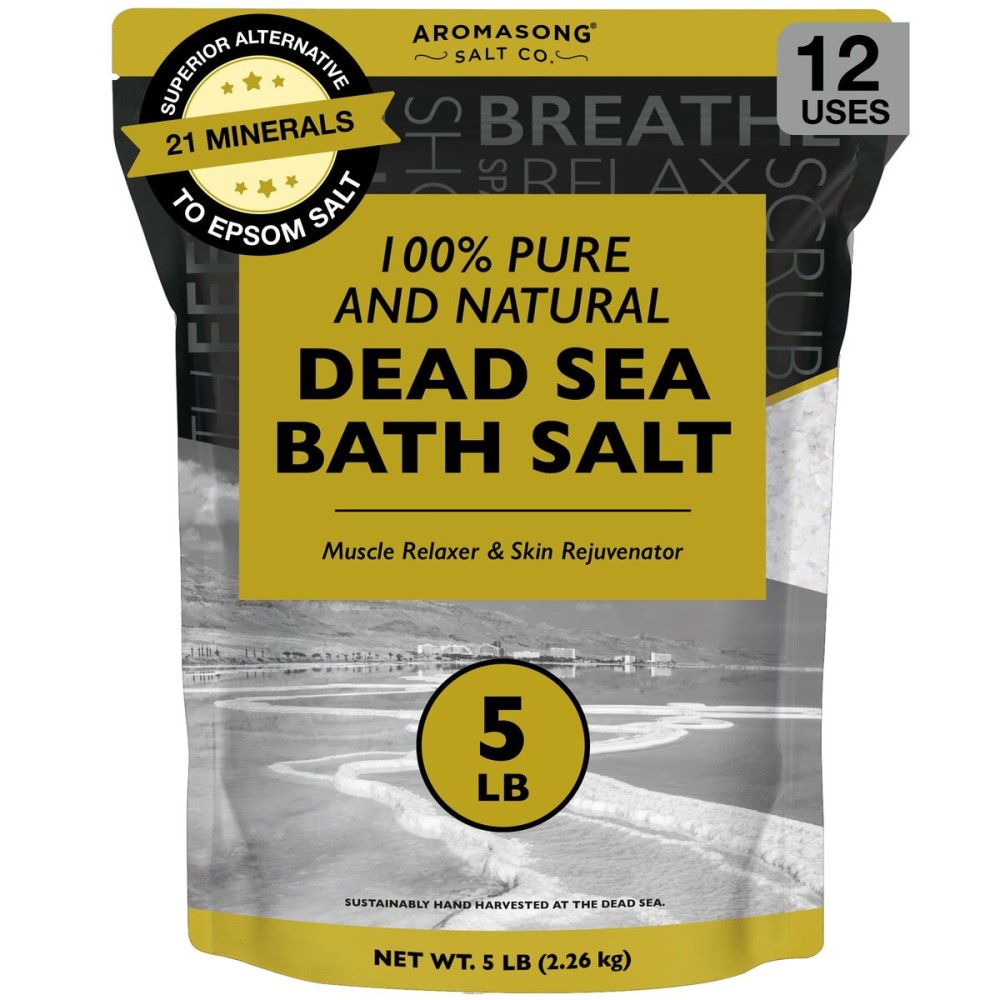 Aromasong Dead Sea Bath Salt - 100% Pure & Natural Dead Sea Salts for Soaking Fine Grain 5 LB - Bulk Resealable Pack (Packaging May Vary) Used for Body wash Scrub - Soak for Women & Men.