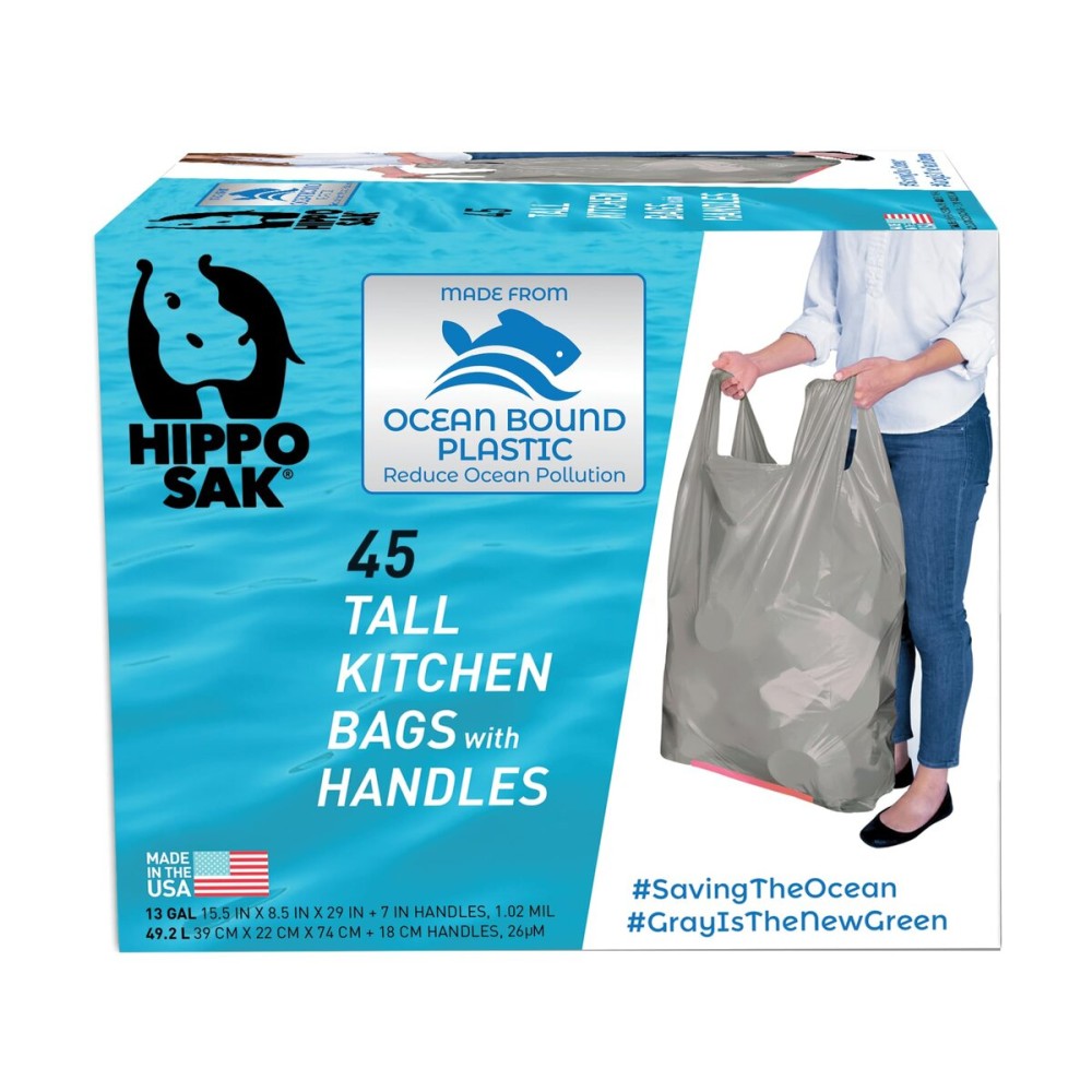 Hippo Sak - Tall Kitchen Garbage Bags with Ergonomic Handles - 13 Gallon Trash Bags Made from Recycled Ocean Bound Plastic - Super Strong and Leak Proof Tall Kitchen Trash Bags (45 Count)
