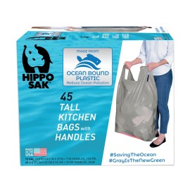 Hippo Sak - Tall Kitchen Garbage Bags with Ergonomic Handles - 13 Gallon Trash Bags Made from Recycled Ocean Bound Plastic - Super Strong and Leak Proof Tall Kitchen Trash Bags (45 Count)