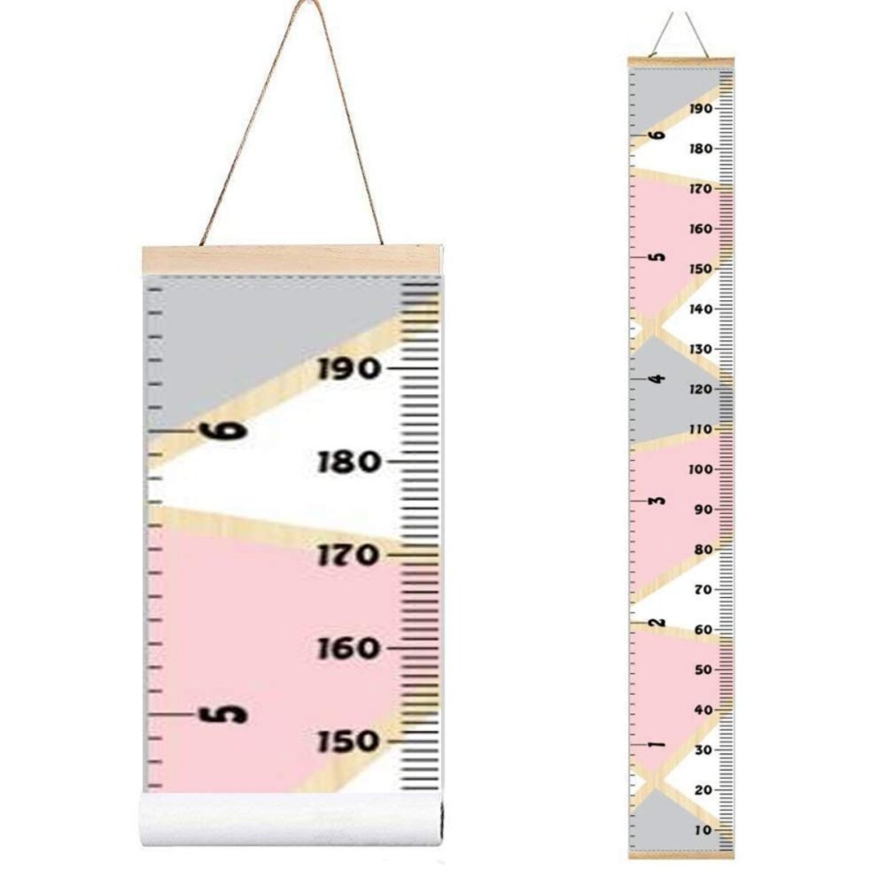MinoMia Kids Growth Chart, Wood Frame Fabric Canvas Height Measurement Ruler from Baby to Adult for Child\'s Room Decoration 7.9 x 79in (7.9 x 79in, Pink & Grey)