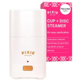 Pixie Menstrual Cup Steam Cleaner - Wash Your Cup + Kill 99.9% of Germs with Cleanser Steam for Feminine Care - 3 Minutes and Your Period Cup is Sterile! Automatic Shut Off - FSA Eligible (White)