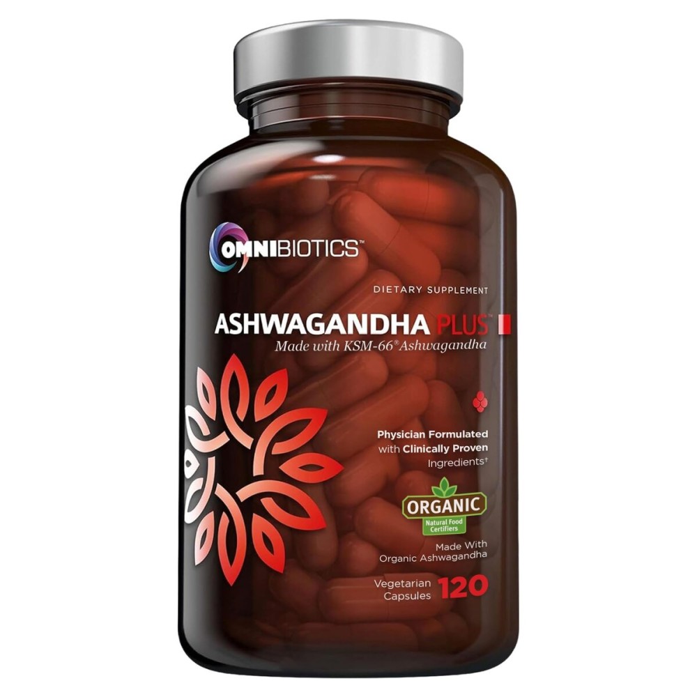 OmniBiotics Organic Ashwagandha Supplement - 1300mg Total Strength - 900mg Organic Root Powder & 400mg KSM-66 Extract - Stress Relief, Mood & Sleep Support - Non-GMO - 120 Vegan Capsules