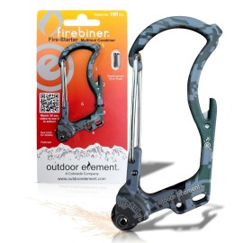 OUTDOOR ELEMENT Firebiner 6-in-1 Survival Multitool Carabiner EDC Keychain with EverSpark Fire Starter, Utility Blade, Bottle Opener & Screwdriver - Unique Gift for Outdoor Adventure - Camo Gray