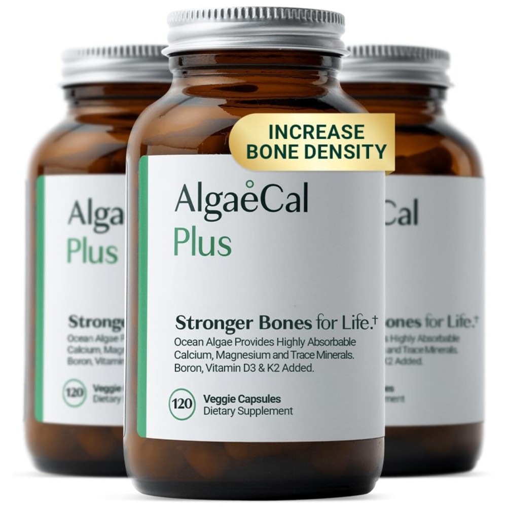 ALGAECAL Organic Red Algae Calcium Supplement for Bone Density & Strength, Vitamin K2 MK7 (100mg), Vitamin D3 (1600 IU), Magnesium (350mg) & Trace Minerals, Easy to Swallow, 120 Veggie Caps
