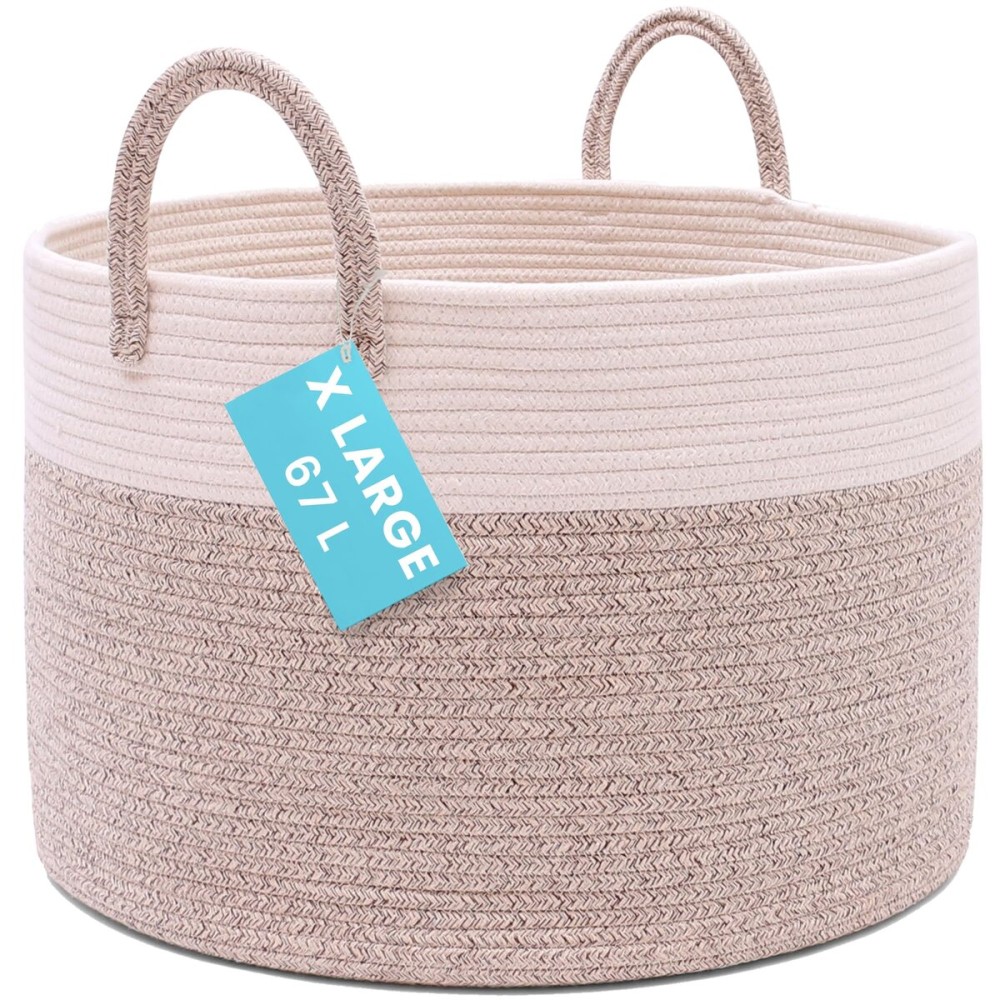 OrganiHaus Large Woven Storage Basket for Blankets and Toys 20 x 13 Inch, Rope Laundry Basket with Handles, Cushions & Pillows Storage Bin, Nursery Hamper, Soft Round Dog Toy Bin - Brown/Off-White