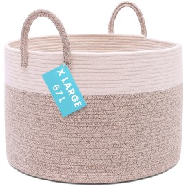 OrganiHaus Large Woven Storage Basket for Blankets and Toys 20 x 13 Inch, Rope Laundry Basket with Handles, Cushions & Pillows Storage Bin, Nursery Hamper, Soft Round Dog Toy Bin - Brown/Off-White