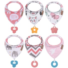 vuminbox Baby Bandana Drool Bibs 6-Pack and Teething Toys 6-Pack Made with 100% Organic Cotton, Absorbent and Soft Unisex (Multicolor)