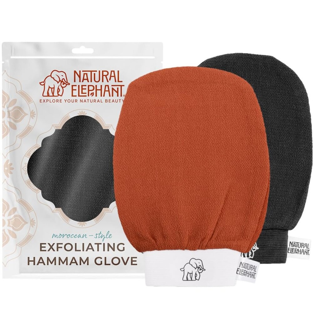 Natural Elephant Exfoliating Hammam Glove | Authentic Moroccan Kessa Body Scrub Mitt for Spa-Quality Skin Renewal | Pure Black and Burnt Orange Pack of 2