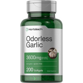 Horbach Odorless Garlic Softgels 3600 mg | 200 Count | Ultra Potent Garlic Extract | Non-GMO & Gluten Free Supplement