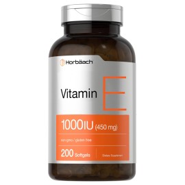 Horbach Vitamin E 1000 IU Softgel Capsules | 200 Count | Non-GMO, Gluten Free, Preservative Free | Vitamin E Oil