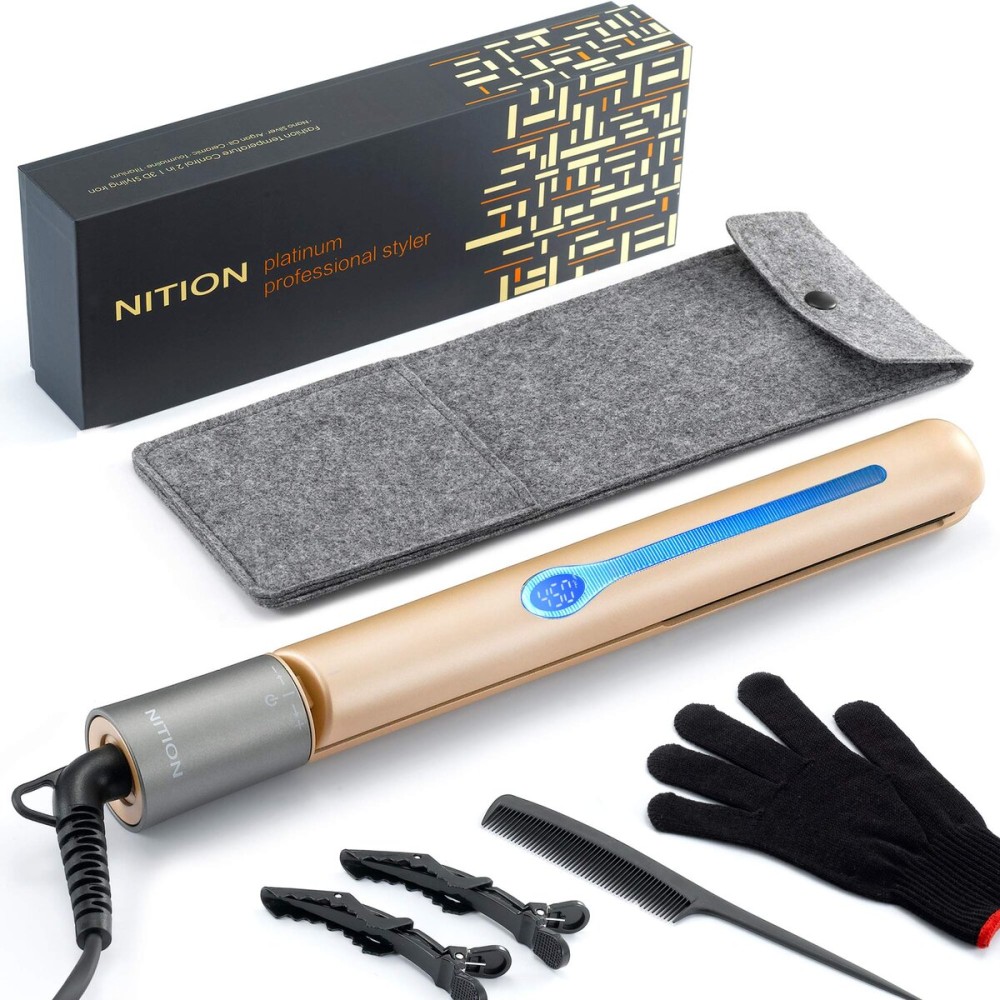 NITION Ceramic Tourmaline Hair Straighteners LCD Flat Iron MCH 10s Fast Heating Up. 1 Smooth 3D Floating Plate Healthy Straightening Tools. Travel Pouch Bag. Dual Voltage. Elegant Gift Box