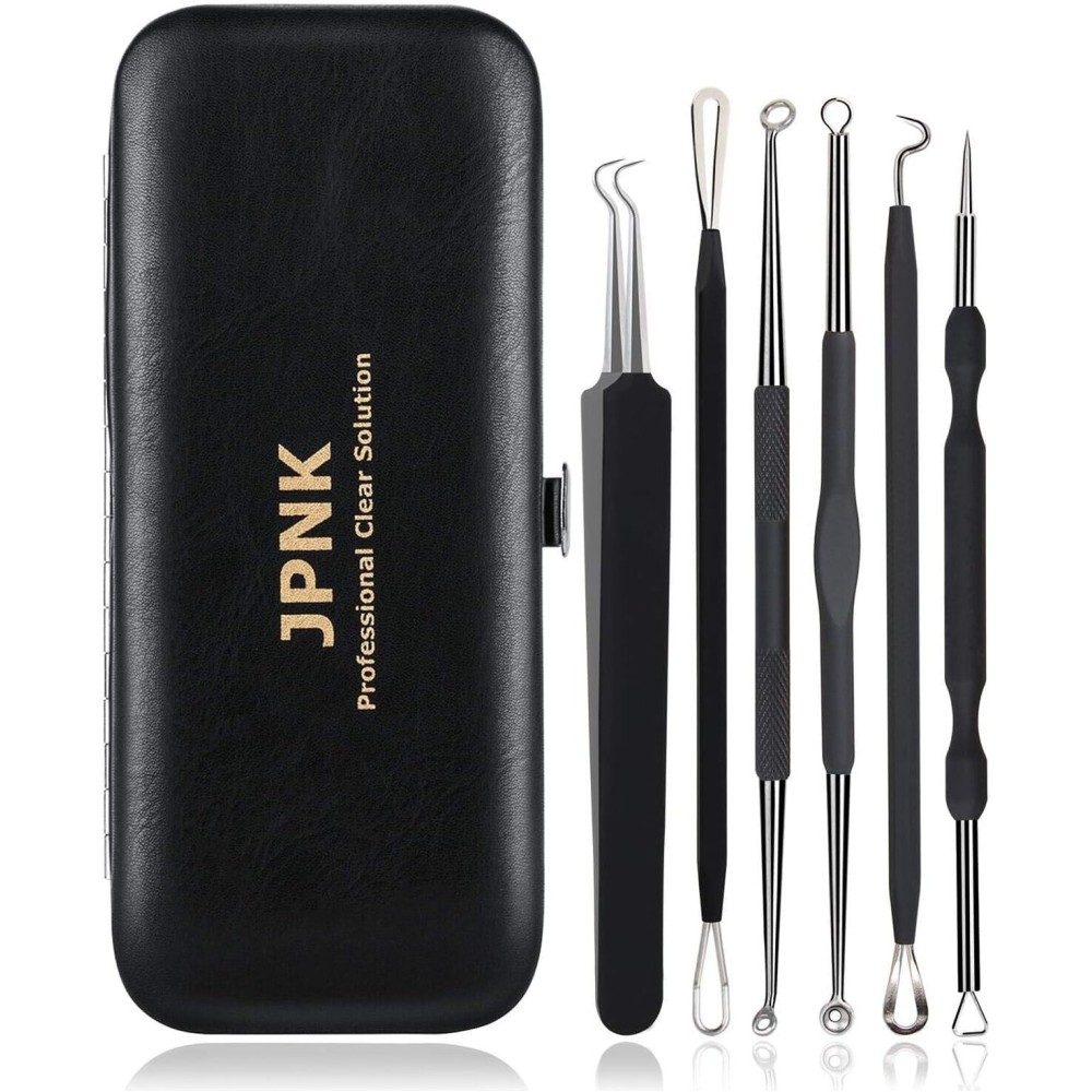 JPNK Blackhead Remover Tool Comedones Extractor Acne Removal Kit for Blemish, Whitehead Popping, 6 Pcs Zit Removing for Nose Face Tools with a Leather Bag (Black)