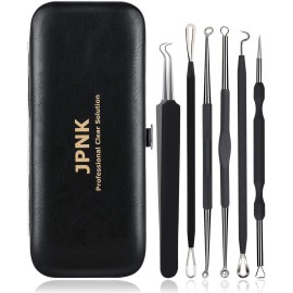 JPNK Blackhead Remover Tool Comedones Extractor Acne Removal Kit for Blemish, Whitehead Popping, 6 Pcs Zit Removing for Nose Face Tools with a Leather Bag (Black)