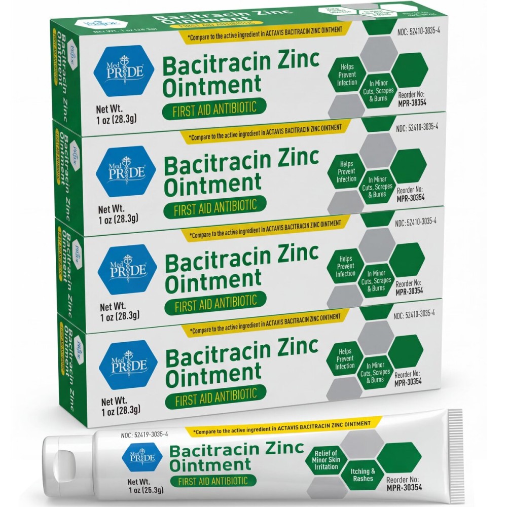 MED PRIDE Bacitracin Zinc Ointment, 4 Pack of 1 oz Tubes - Bulk First Aid Antibiotic Ointment for Cuts, Scrapes, Minor Burns & Wounds - Infection Prevention & Skin Healing Protection