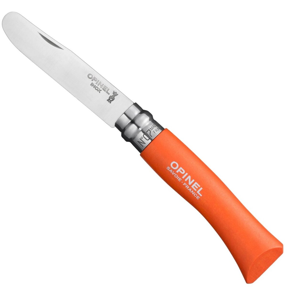 Opinel My First Opinel No.7, Stainless Steel Childrens Folding Knife with Safety Rounded Tip, Virobloc Locking Collar, Made in France (Orange)