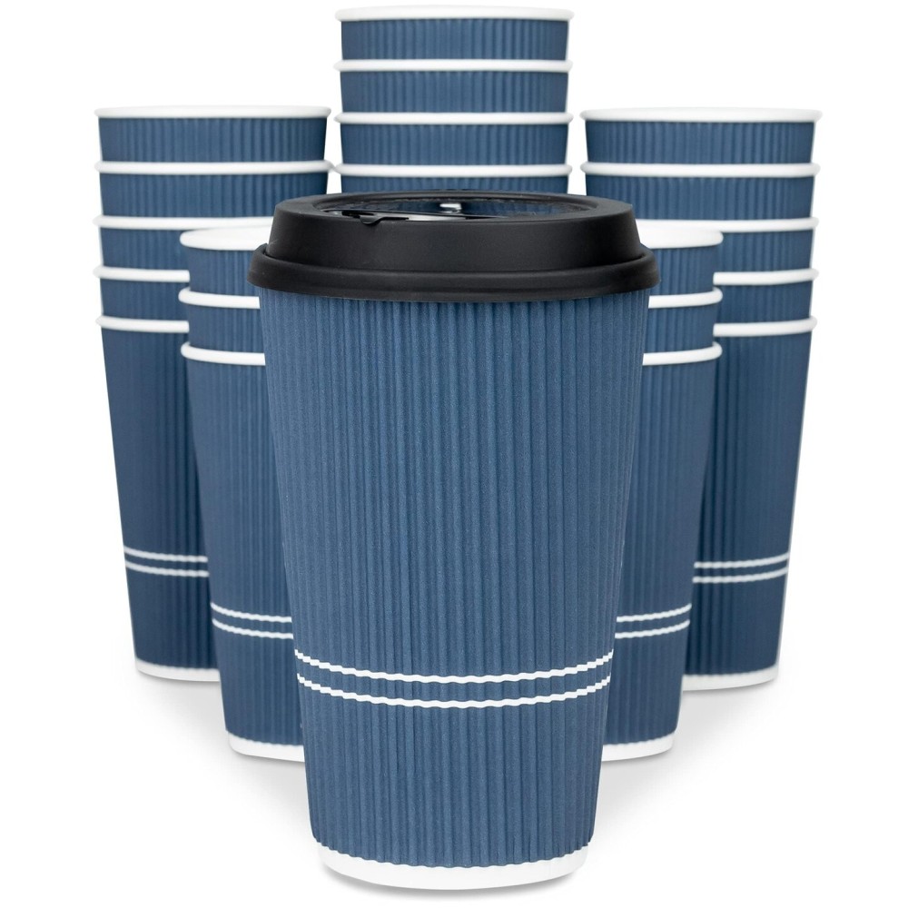Glowcoast Disposable Coffee Cups With Lids - 16 oz To Go Coffee Cup (70 Set). Large Travel Cups Hold Shape With Hot and Cold Drinks, No Leaks! Insulated Ripple Cup Protect Hands, No Sleeves needed!