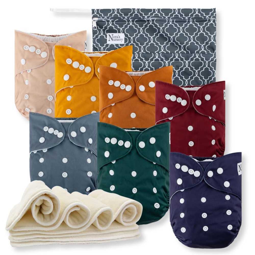 Nora\'s Nursery Cloth Diapers 7 Pack with 7 Inserts & 1 Wet Bag - Waterproof Cover, Washable, Reusable & One Size Adjustable Pocket Diapers for Newborns and Toddlers-Pacific Neutrals