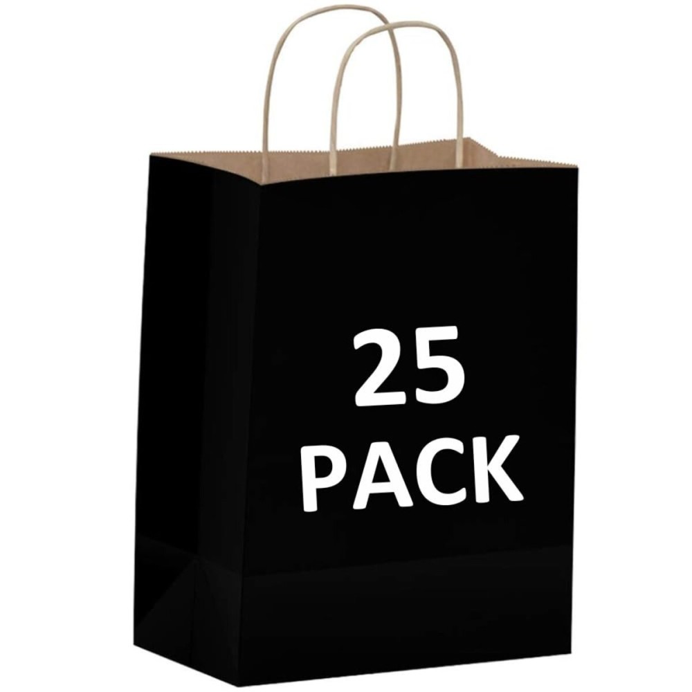 Qutuus Black Gift Bags with Handles - 25 Pcs 8x4.5x10 Black Paper Bags, Shopping Bags, Party Bags, Favor Bags, Goody Bags, Cub, Business Bags, Kraft Bags, Retail Bags, Paper Gift Bags