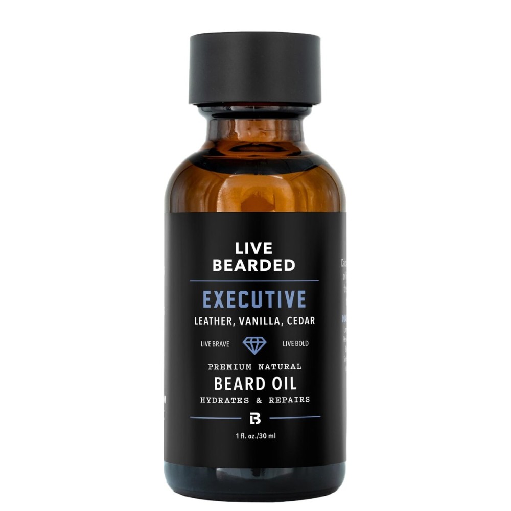 Live Bearded Beard Oil, 1 fl oz - Premium All-Natural Jojoba - Made in the USA - Hair and Skin Care for Men with Dry, Flaky Patches | Executive Scent - Cedar, Vanilla