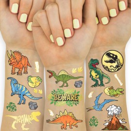 xo, Fetti Dinosaur Temporary Tattoos - Gold Foil, 44 pcs | Kids Jurassic Birthday Party Supplies, Dino Party Favor, T-Rex Fossil Decorations
